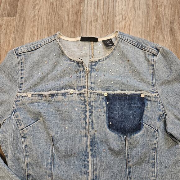 Vtg Express Denim Jacket Womens L Raw Hem Rhinestones 90s Festival Scene Grunge - Picture 2 of 9